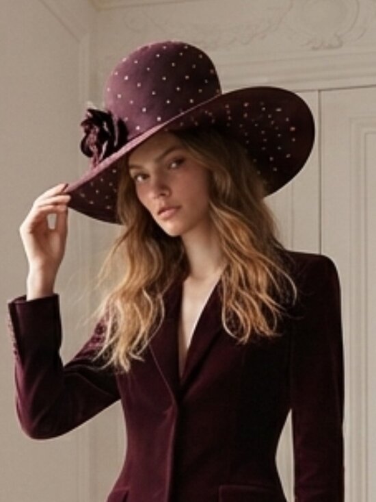 Maison Michel Paris Women\'s Studded Brown Felt Wide-Brim Hat with Floral Accent main image 8
